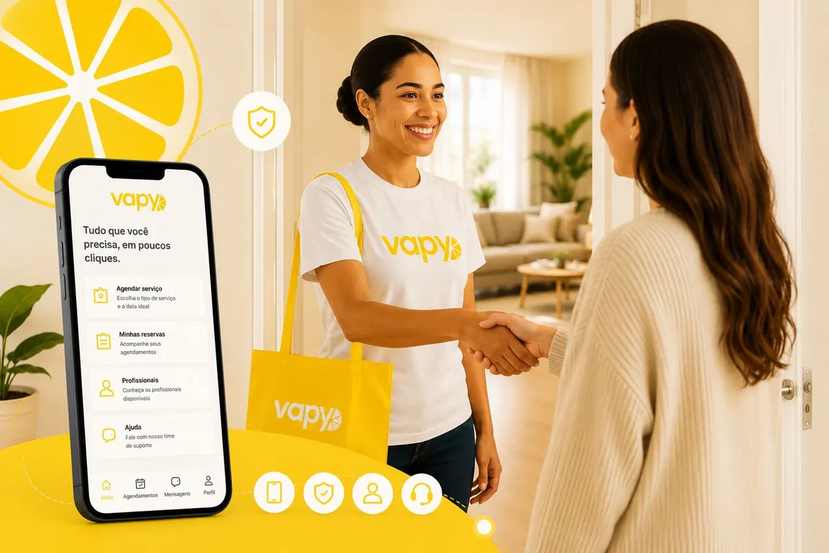 Profissional da Vapy sendo recebida por uma cliente, com o aplicativo Vapy em destaque.